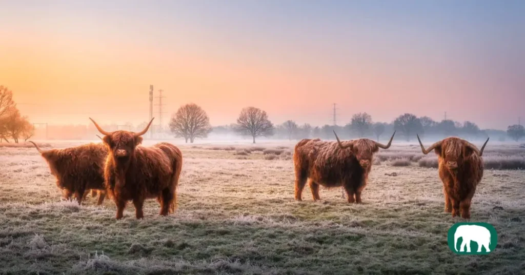 A close-up of a Highland Cow’s face, showcasing its fluffy coat and majestic horns in a serene countryside setting.