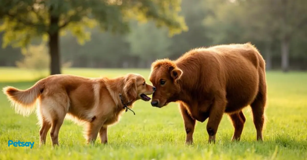 Golden Retriever and Highland Cow Friendship Cute Animal Bond