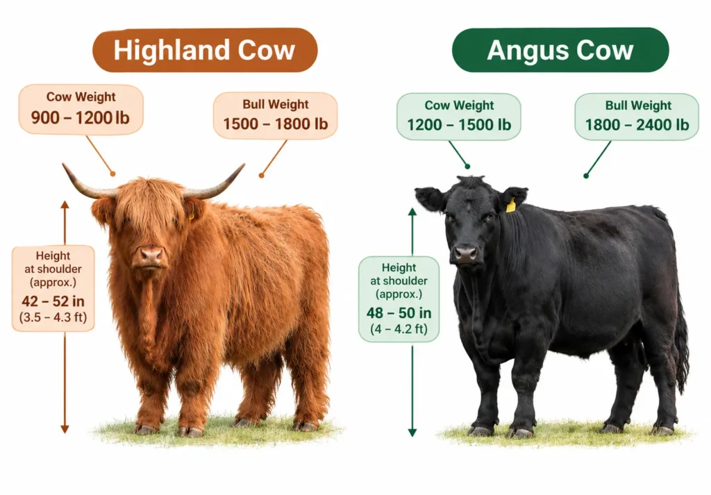 Highland Cow vs Angus Cow Size and Weight comparison