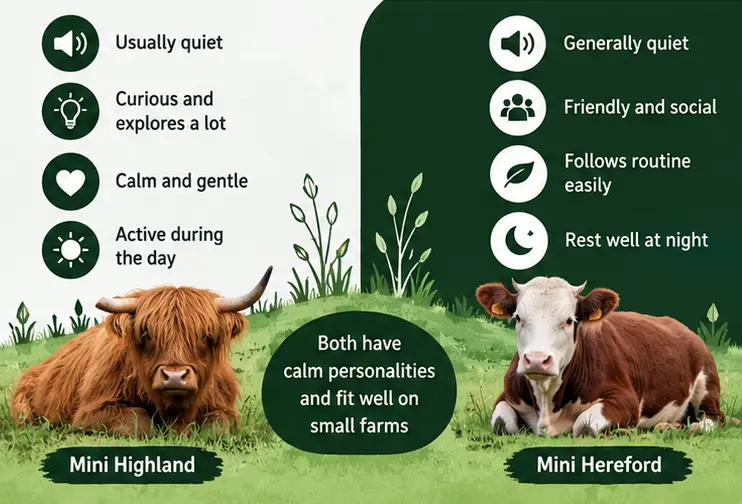 Mini Highland vs Mini Hereford Noise and Daily Behavior