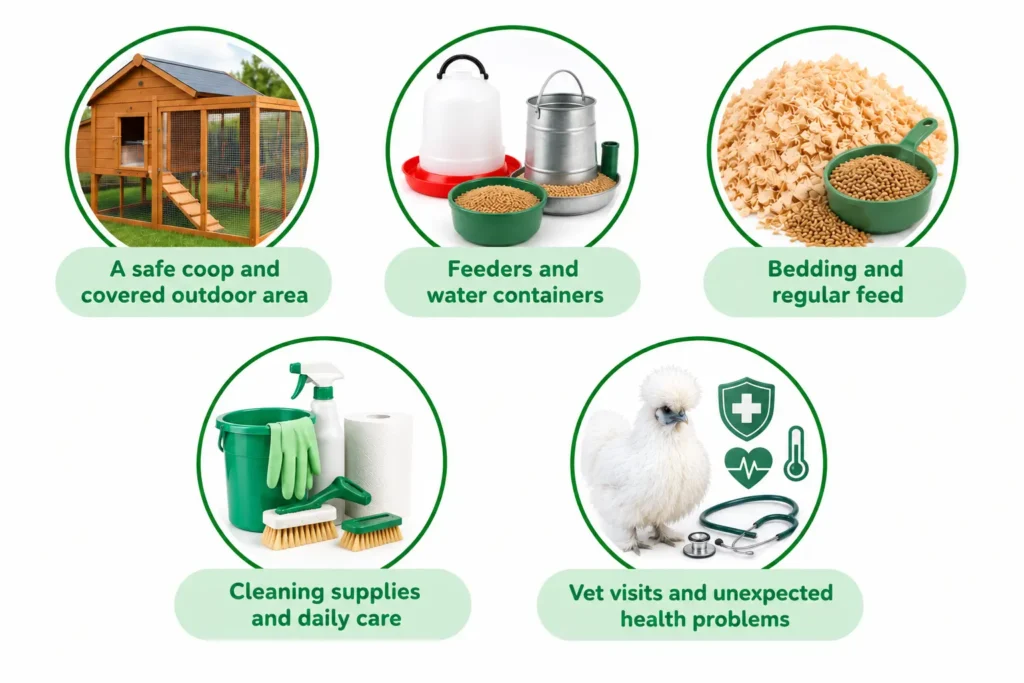 Silkie chicken care infographic showing a safe coop, feeders and water containers, bedding and feed, cleaning supplies, and health care symbols on a white background.