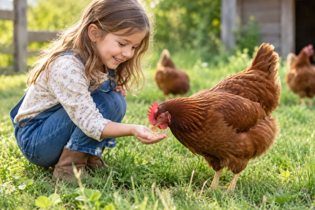 Girl Feeding a Hen in the Countryside
