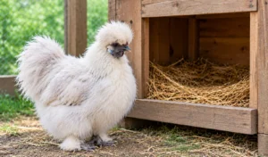 Silkie Chicken Beside Rustic Nesting Box
