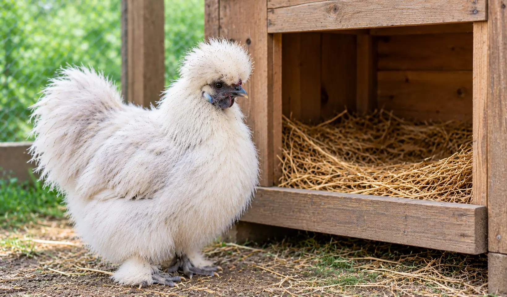 Silkie Chicken Beside Rustic Nesting Box